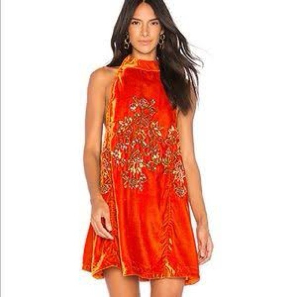 Free People Jill’s Embroidered Orange Halter Dress